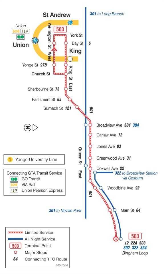 מפה של קו חשמלית 503 קינגסטון הכביש
