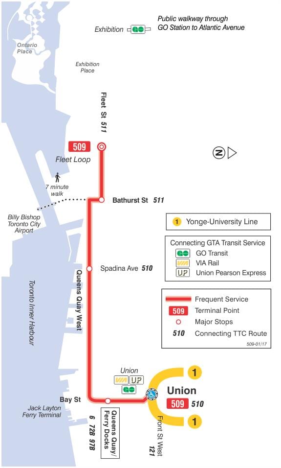 מפה של קו חשמלית 509 Harbourfront