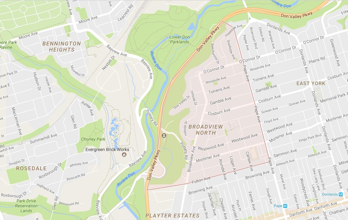 מפה של Broadview בצפון השכונה טורונטו