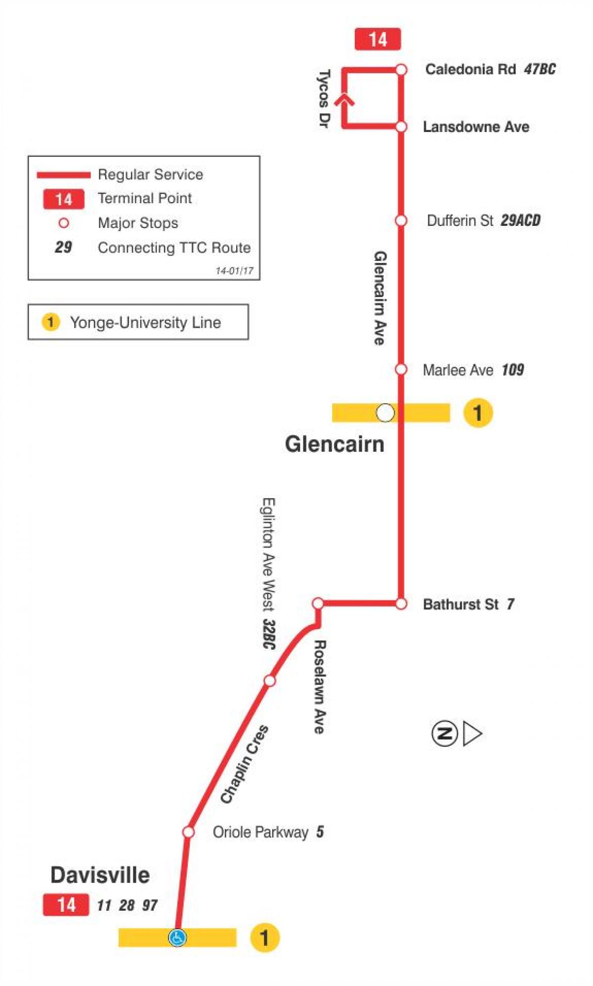 המפה של המכללה 14 גלנקיירן מסלול האוטובוס טורונטו