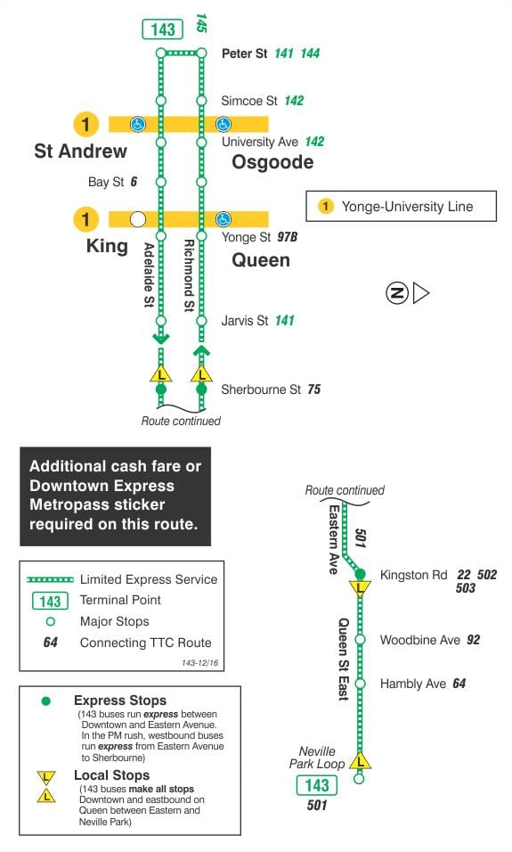 המפה של המכללה 143 Downtown / חוף להביע את מסלול האוטובוס טורונטו