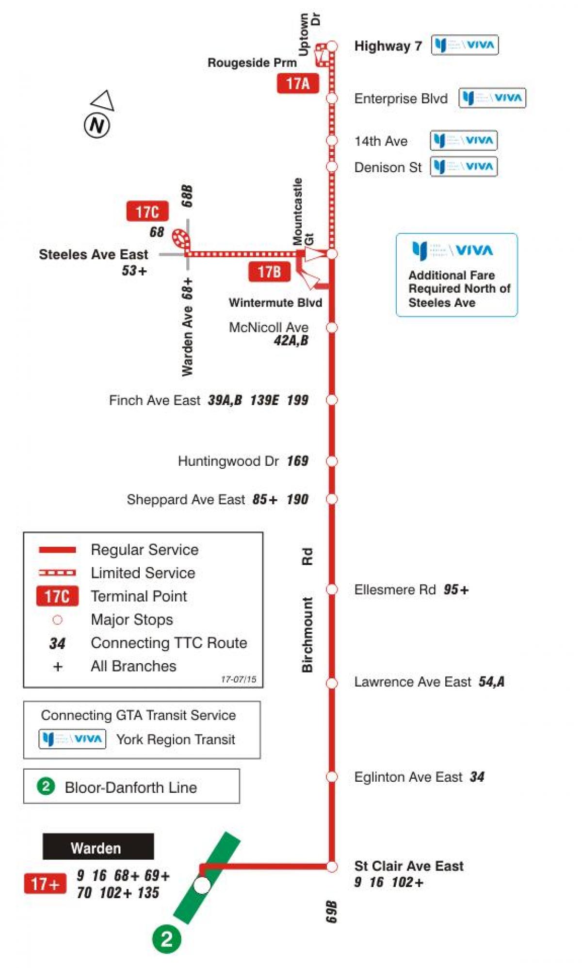 המפה של המכללה 17 Birchmount מסלול האוטובוס טורונטו