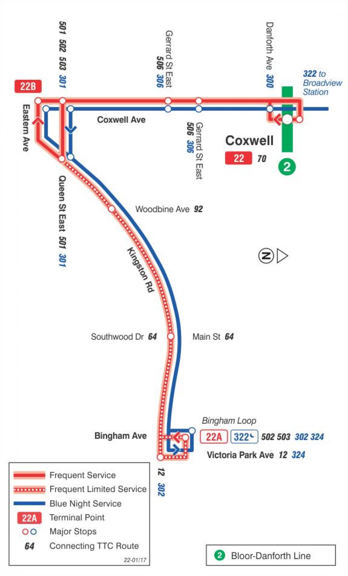 המפה של המכללה 22 Coxwell מסלול האוטובוס טורונטו