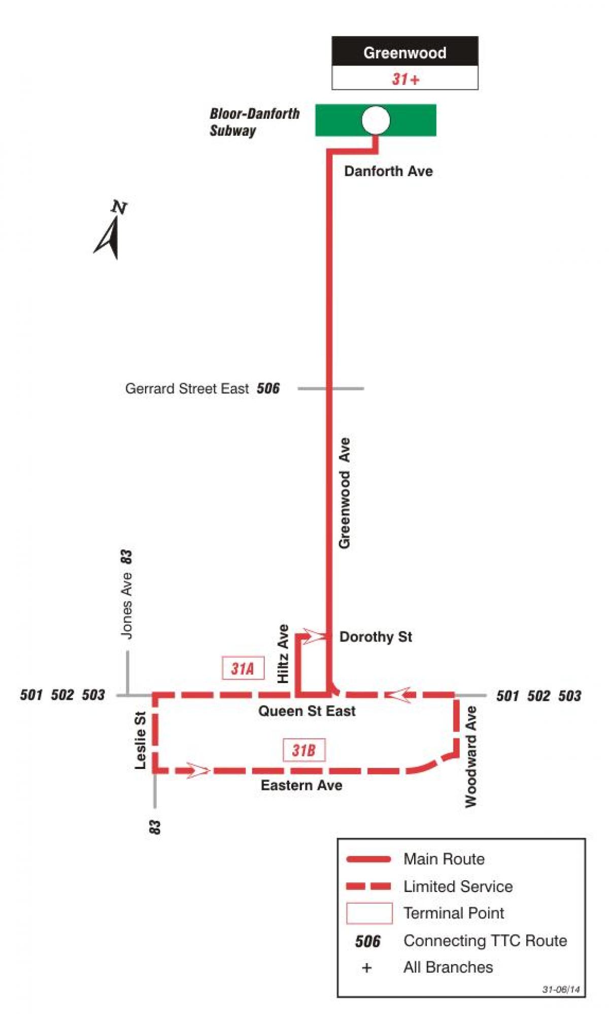 המפה של המכללה 31 גרינווד מסלול האוטובוס טורונטו