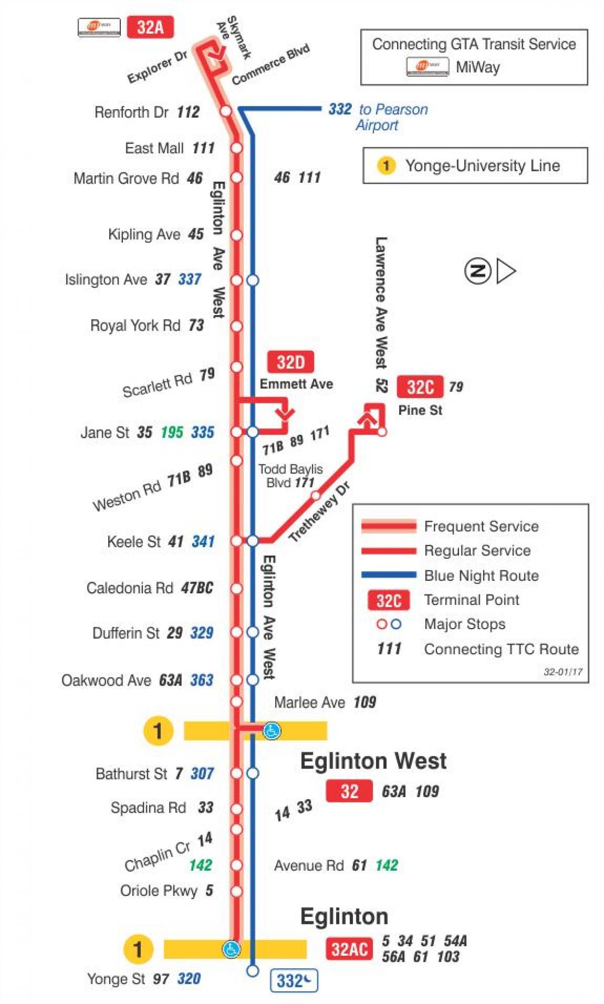 המפה של המכללה 32 Eglinton מערב מסלול האוטובוס טורונטו