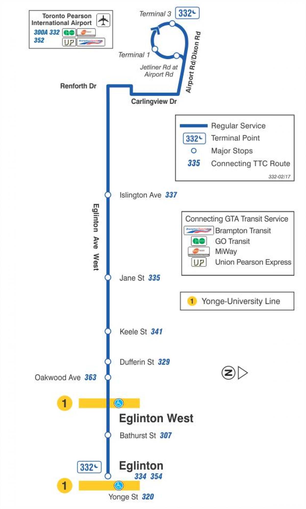 המפה של המכללה 332 Eglinton מערב מסלול האוטובוס טורונטו
