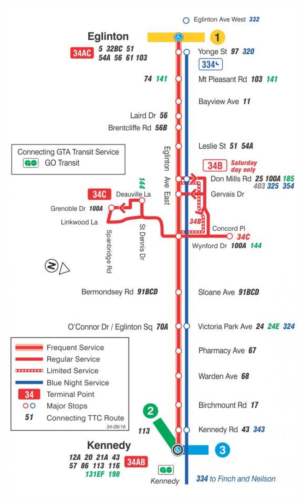 המפה של המכללה 34 Eglinton East מסלול האוטובוס טורונטו