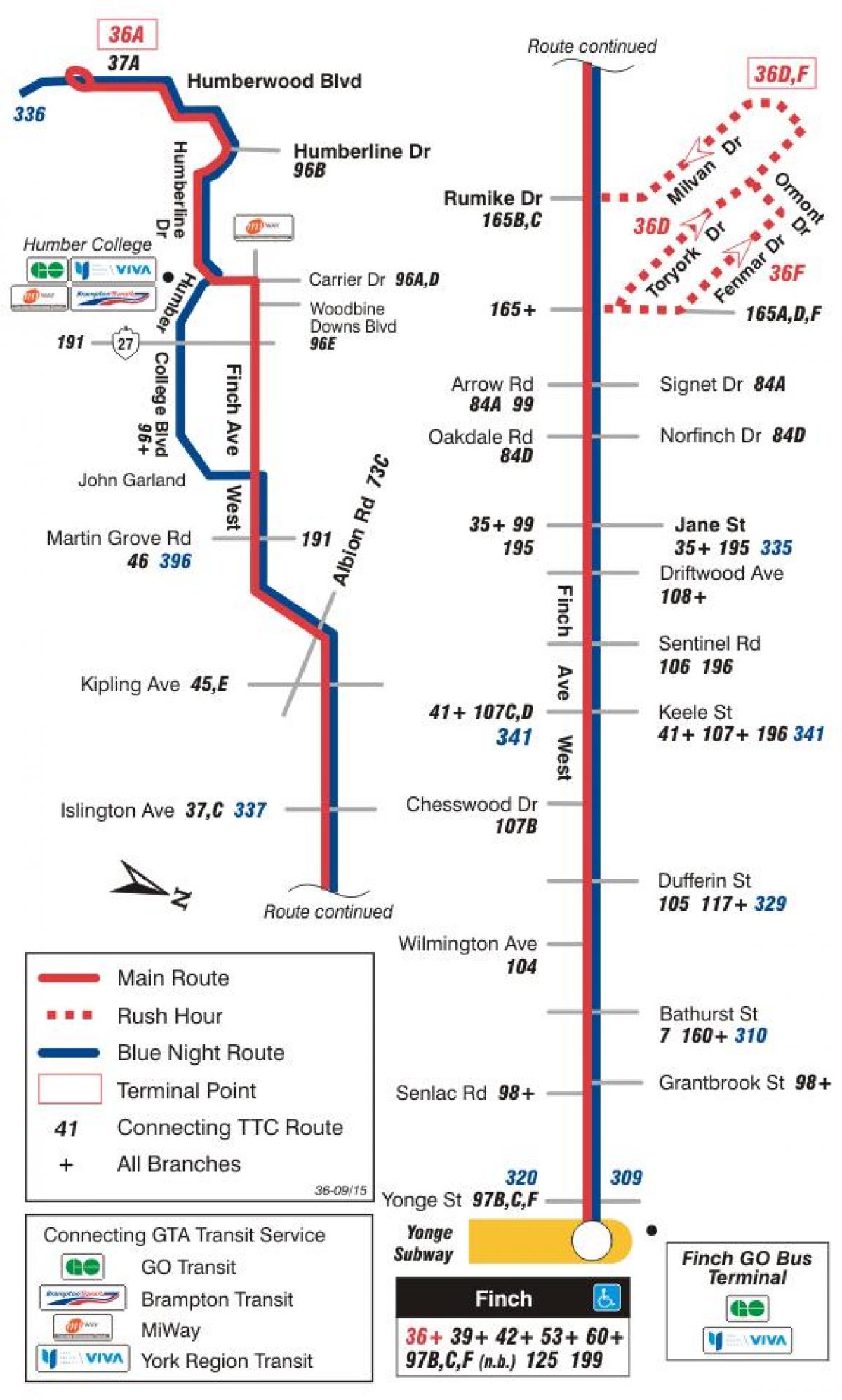 המפה של המכללה 36 פינץ ' מערב מסלול האוטובוס טורונטו