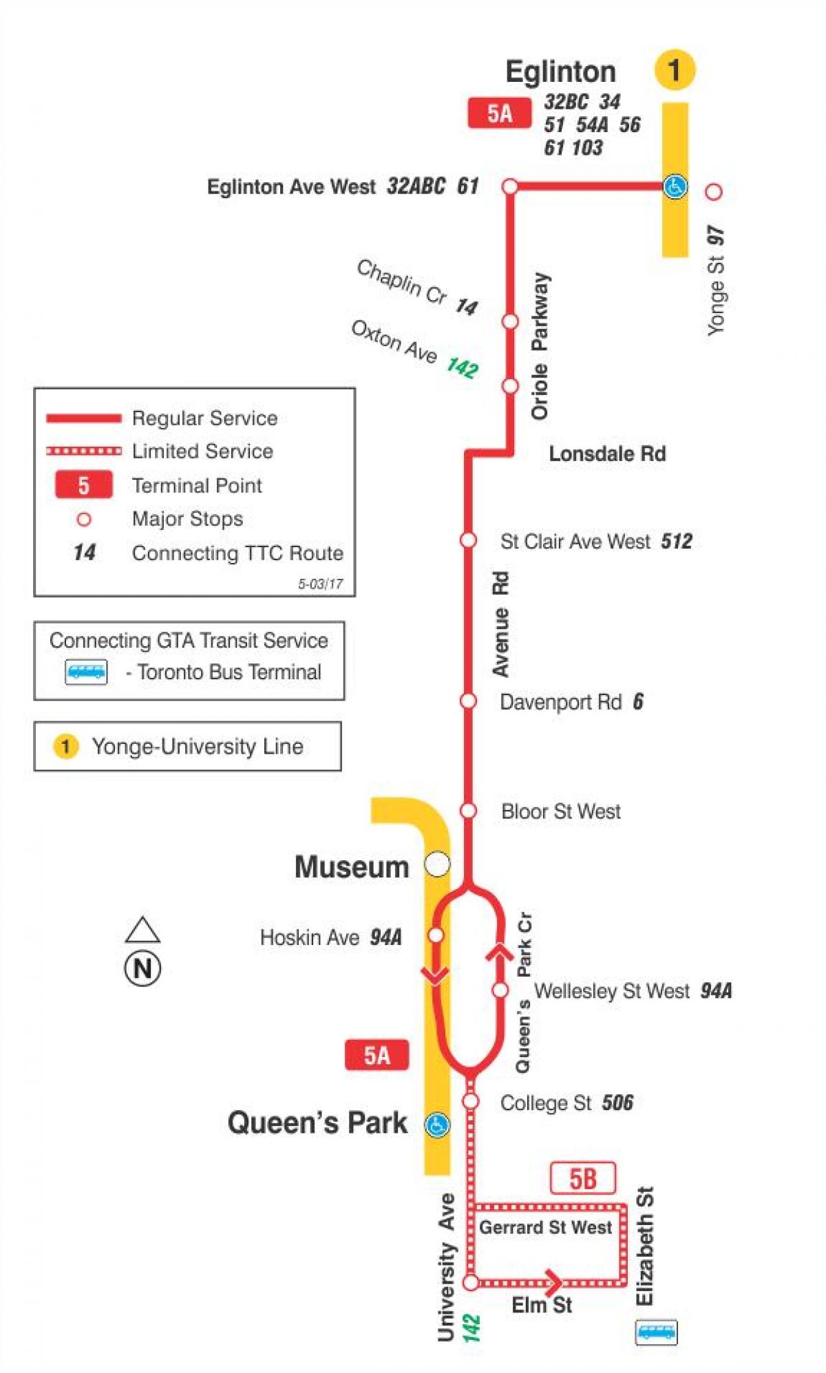 המפה של המכללה 5 שדרות Rd מסלול האוטובוס טורונטו