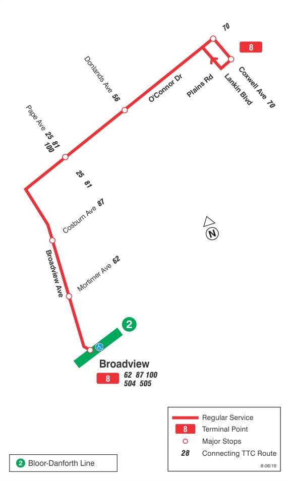 TTC 8 Broadview מסלול האוטובוס טורונטו המפה - המפה של המכללה 8 ...