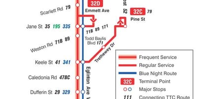 המפה של המכללה 32 Eglinton מערב מסלול האוטובוס טורונטו